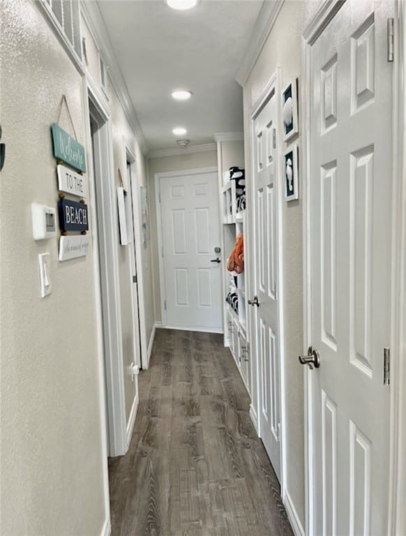 corridor with dark wood-type flooring and crown molding