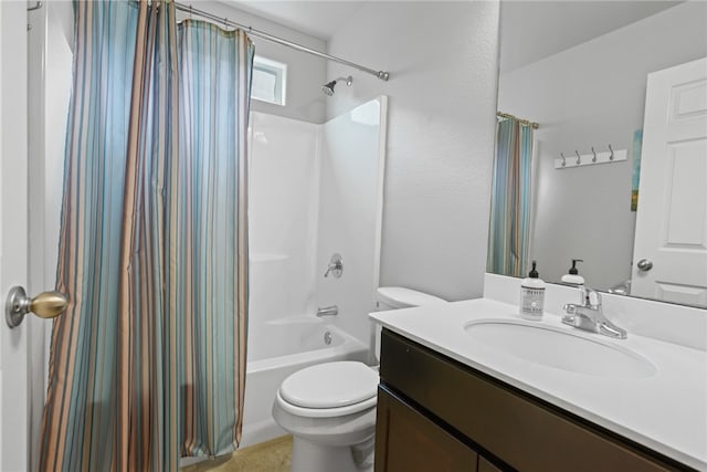 full bathroom with shower / bath combination with curtain, vanity, and toilet