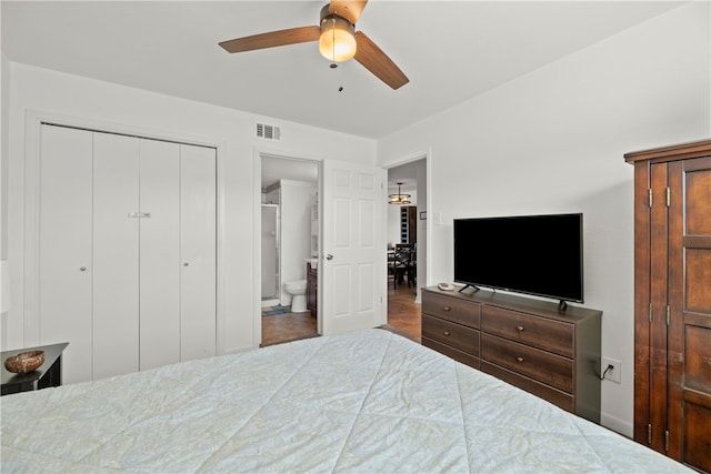 bedroom with connected bathroom, a closet, and ceiling fan