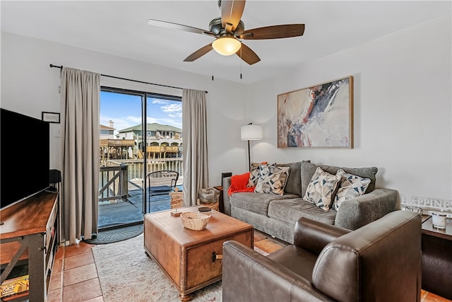 living room featuring ceiling fan