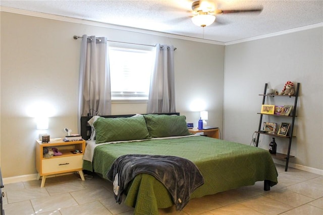 5306 Crestwick Dr, Corpus Christi, TX 78413 - bedroom with ornamental molding, light tile patterned floors, a textured ceiling, and ceiling fan