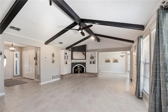 5306 Crestwick Dr, Corpus Christi, TX 78413 - unfurnished living room with a chandelier, a ceiling fan, a brick fireplace, a textured ceiling, and light tile patterned floors