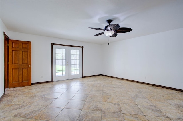 unfurnished room featuring french doors and ceiling fan