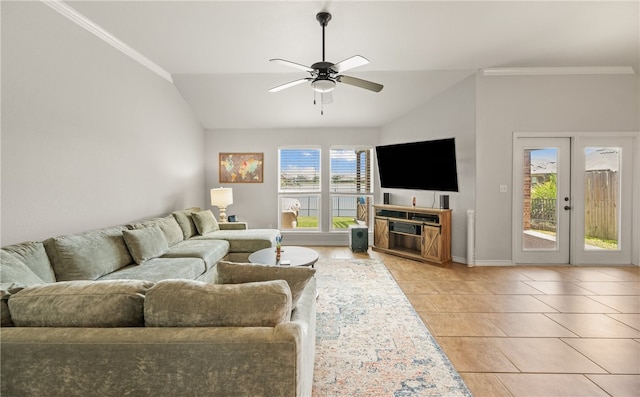 7502 Stampede Dr, Corpus Christi, TX 78414 - living room with vaulted ceiling, light tile patterned floors, a ceiling fan, crown molding, and french doors