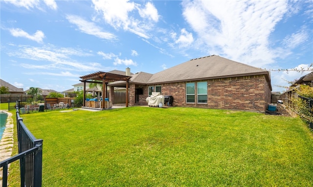 7502 Stampede Dr, Corpus Christi, TX 78414 - back of property featuring a pergola, a jacuzzi, a fenced backyard, brick siding, and a patio