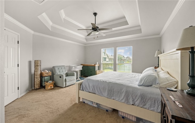 7502 Stampede Dr, Corpus Christi, TX 78414 - bedroom featuring a raised ceiling, carpet floors, ornamental molding, and ceiling fan