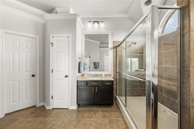 7502 Stampede Dr, Corpus Christi, TX 78414 - full bath with crown molding, vanity, and a stall shower