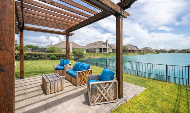 7502 Stampede Dr, Corpus Christi, TX 78414 - fenced backyard featuring a pergola, a patio area, a water view, a residential view, and an outdoor living space