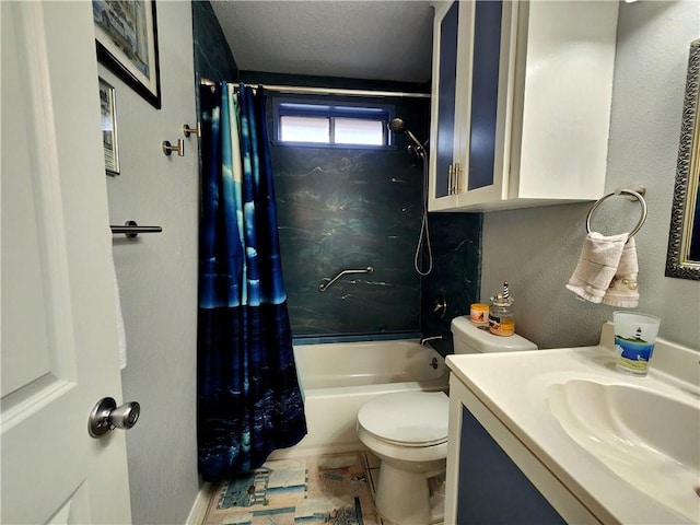 2742 Bramblebush Dr, Corpus Christi, TX 78410 - bathroom featuring toilet, shower / bath combination with curtain, vanity, and a textured wall
