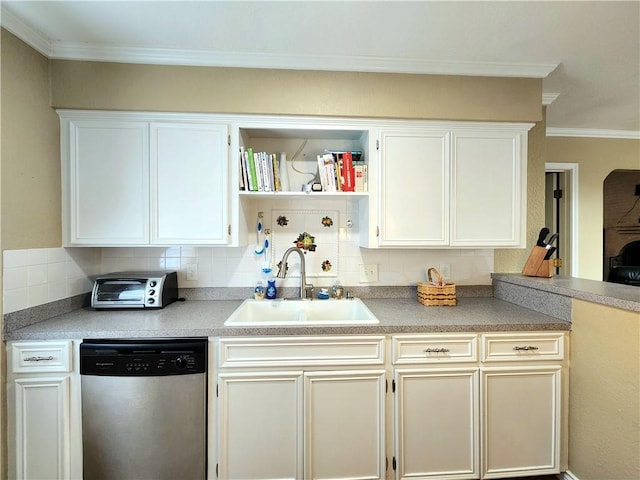 2742 Bramblebush Dr, Corpus Christi, TX 78410 - kitchen with dishwasher, a sink, ornamental molding, open shelves, and tasteful backsplash