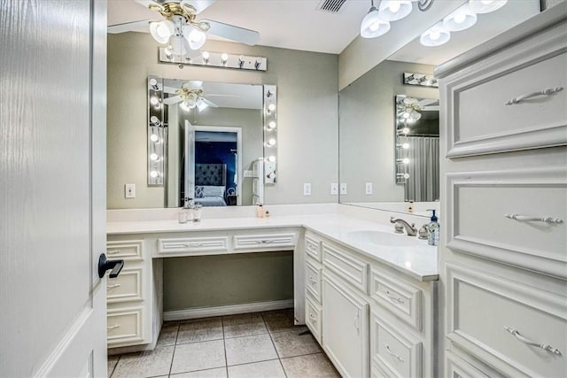 ensuite bathroom featuring tile patterned flooring, visible vents, vanity, a ceiling fan, and ensuite bath