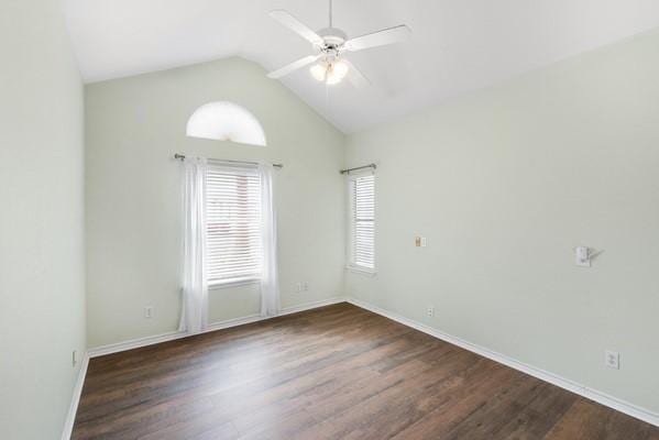 14154 Cutlass Ave, Corpus Christi, TX 78418 - unfurnished room featuring ceiling fan, wood finished floors, and vaulted ceiling