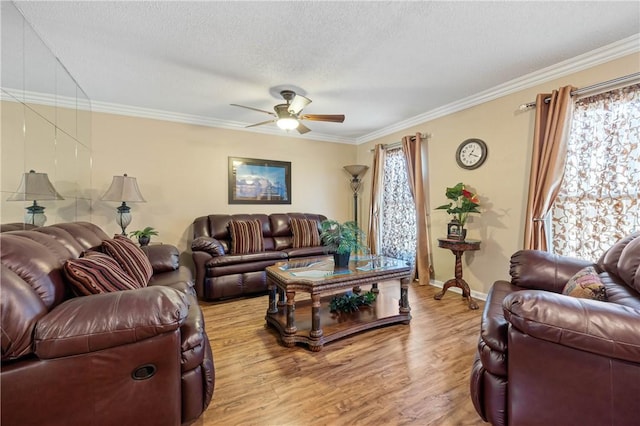 living room featuring crown molding, a textured ceiling, light wood finished floors, and ceiling fan