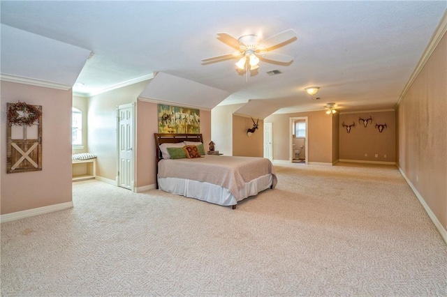 bedroom with crown molding, light carpet, and ceiling fan