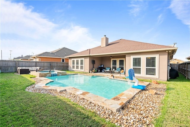 6713 Wall St, Corpus Christi, TX 78414 - view of swimming pool featuring a patio, a yard, a fenced backyard, outdoor lounge area, and a ceiling fan