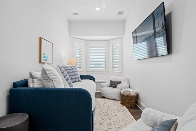 living room featuring dark wood-type flooring