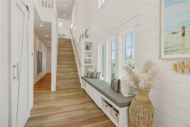 mudroom featuring a towering ceiling and light wood-type flooring