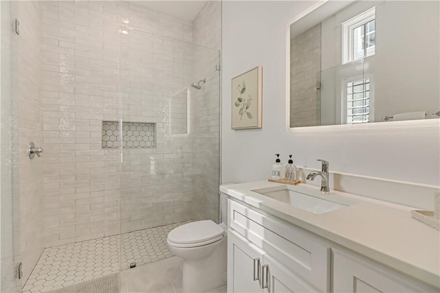 bathroom with vanity, toilet, and a shower with shower door