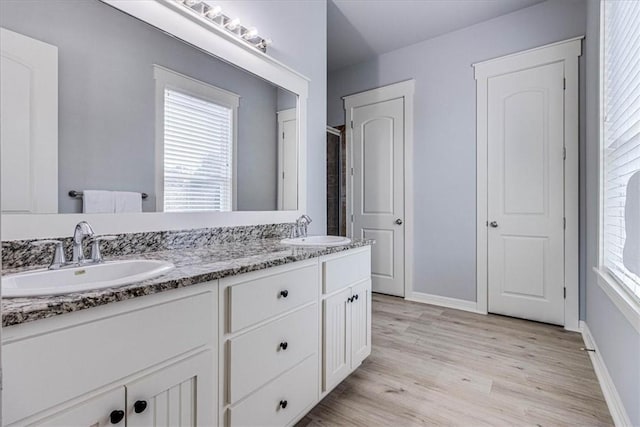 bathroom with vanity and hardwood / wood-style floors