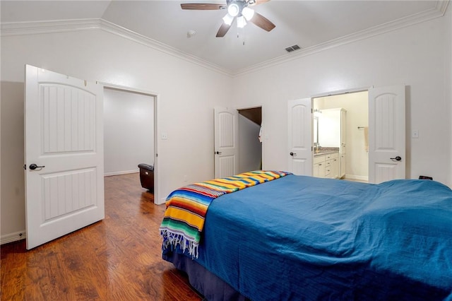 bedroom featuring ceiling fan, dark hardwood / wood-style floors, and ornamental molding