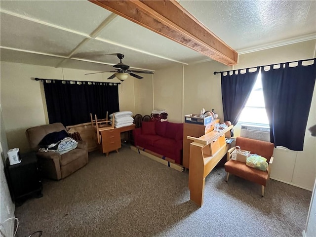 carpeted bedroom with ceiling fan, cooling unit, and a textured ceiling