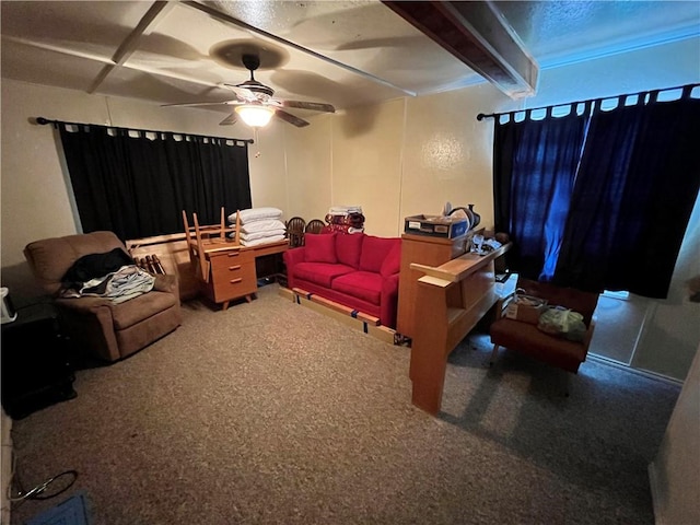 carpeted bedroom with beam ceiling