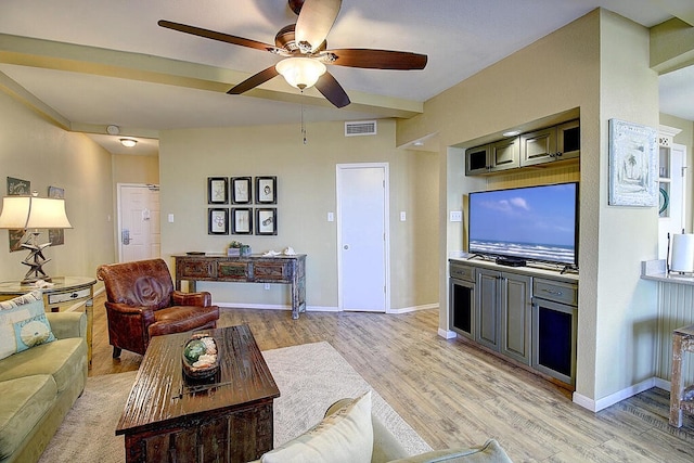 living room featuring ceiling fan and light hardwood / wood-style flooring