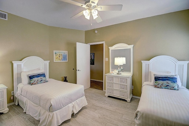 bedroom featuring ceiling fan and light wood-type flooring