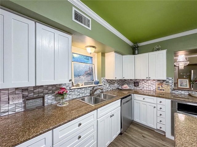 kitchen with stainless steel dishwasher, sink, and white cabinets