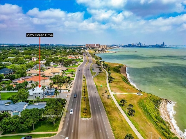 drone / aerial view featuring a water view