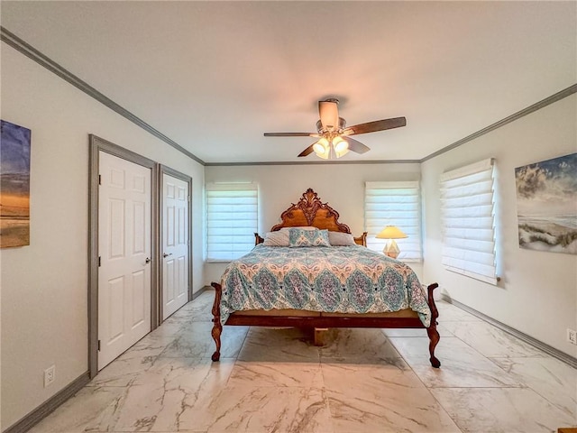 bedroom featuring ceiling fan and ornamental molding