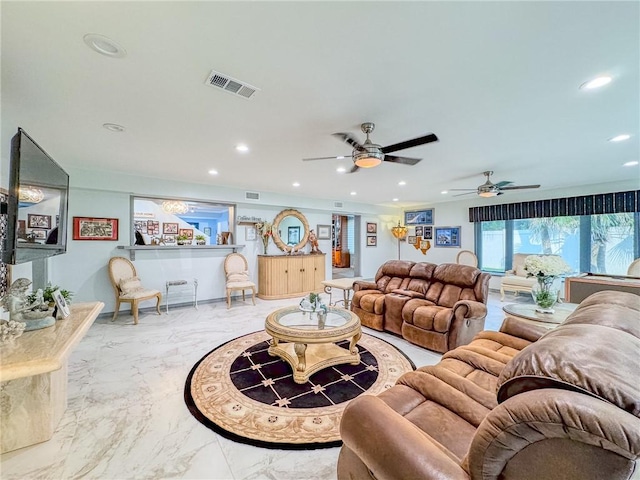 living room featuring ceiling fan