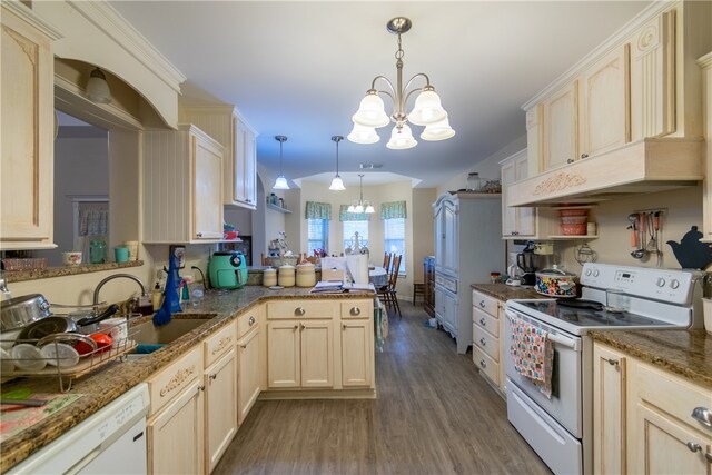 kitchen featuring decorative light fixtures, white appliances, a notable chandelier, dark hardwood / wood-style flooring, and kitchen peninsula