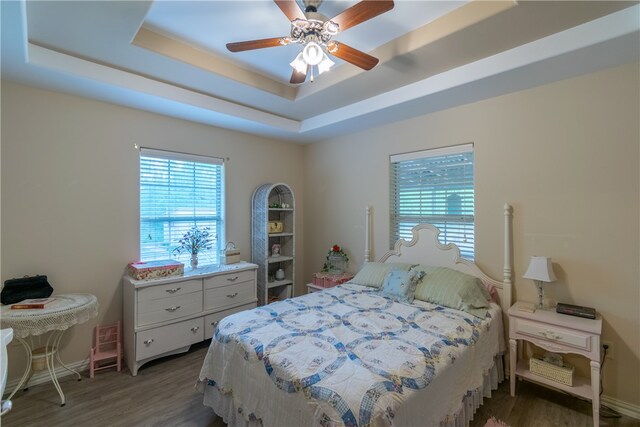 bedroom with dark wood-type flooring, ceiling fan, and a tray ceiling