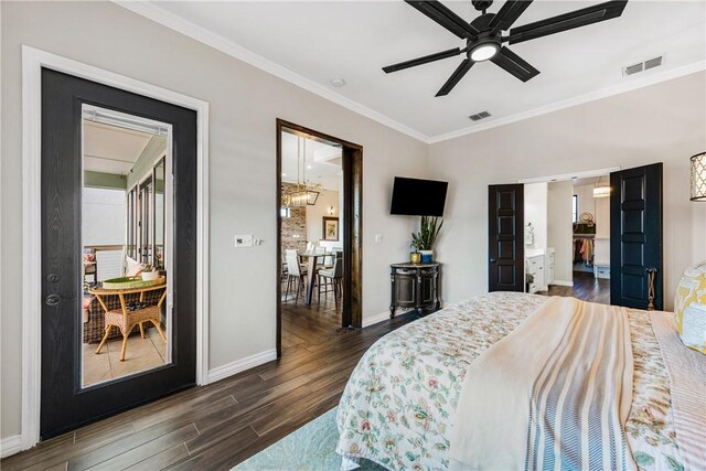 15342 Cartagena Ct, Corpus Christi, TX 78418 - bedroom with dark wood-type flooring, ornamental molding, baseboards, and a ceiling fan