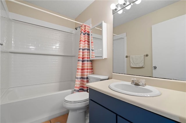 full bath with vanity, shower / bath combination with curtain, and toilet