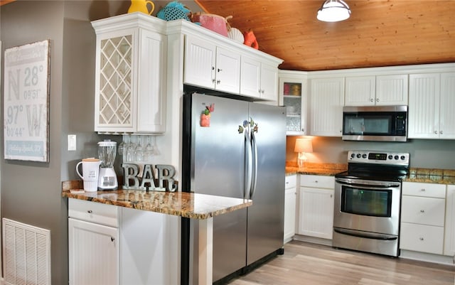 kitchen featuring wood ceiling, stone countertops, white cabinetry, light wood-type flooring, and appliances with stainless steel finishes