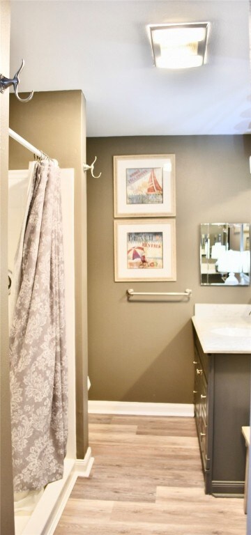 bathroom featuring a shower with curtain, hardwood / wood-style flooring, and vanity