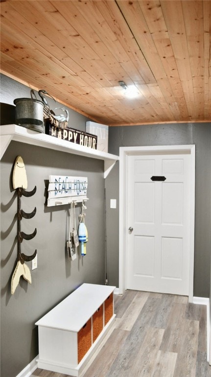 mudroom featuring wooden ceiling and wood-type flooring