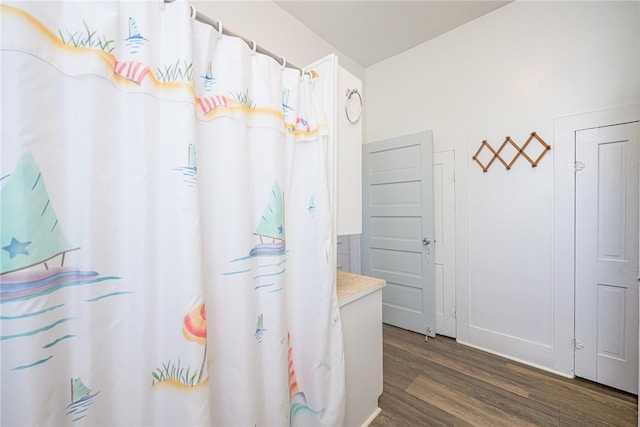 bathroom with hardwood / wood-style flooring