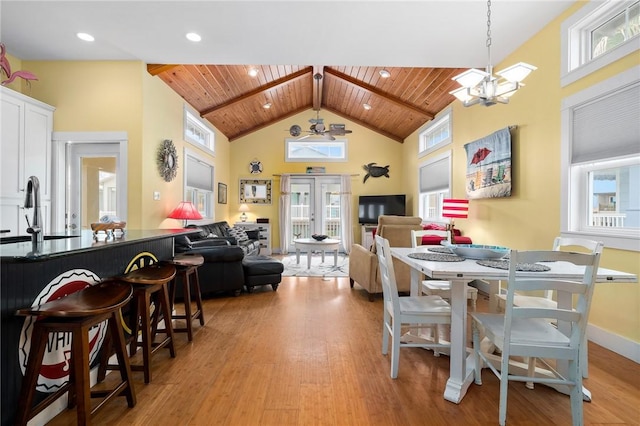 dining space with sink, high vaulted ceiling, a notable chandelier, light hardwood / wood-style floors, and wood ceiling