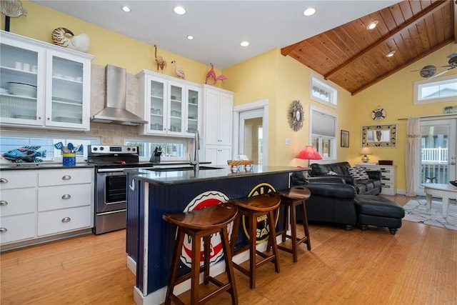 kitchen with decorative backsplash, wall chimney exhaust hood, wood ceiling, white cabinetry, and stainless steel electric range