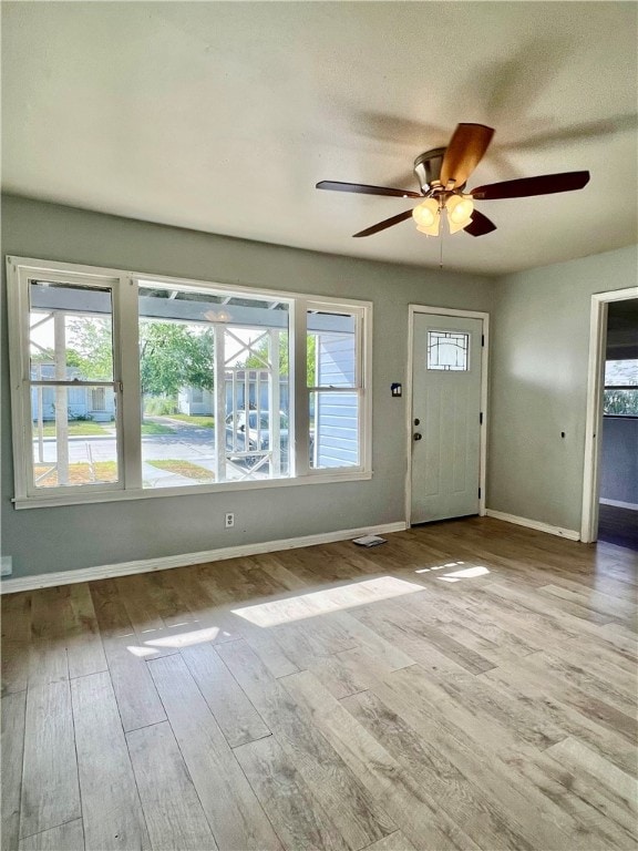 foyer entrance with plenty of natural light, light hardwood / wood-style floors, and ceiling fan