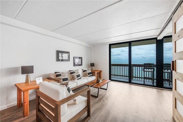 living room with hardwood / wood-style floors, a water view, a textured ceiling, and floor to ceiling windows