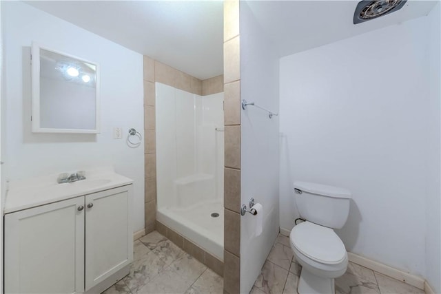 5813 Academy Dr, Corpus Christi, TX 78407 - full bathroom with marble finish flooring, toilet, walk in shower, baseboards, and vanity