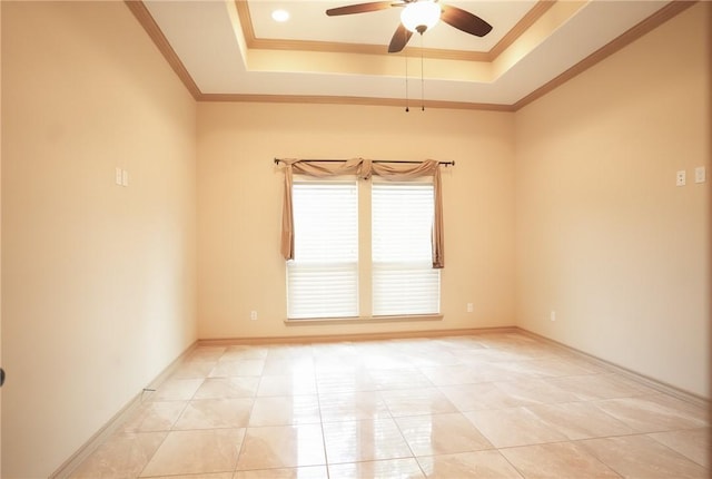 6725 Brooke Rd, Corpus Christi, TX 78414 - spare room featuring ceiling fan, a tray ceiling, crown molding, and light tile patterned floors