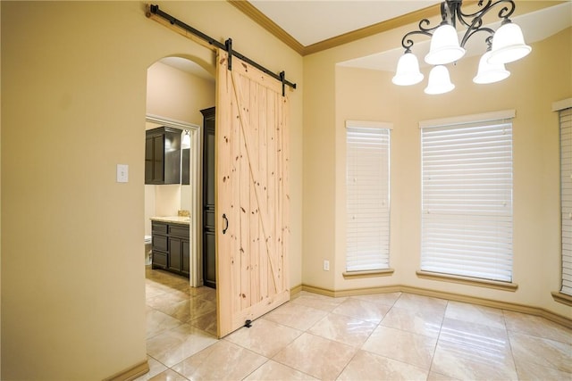 6725 Brooke Rd, Corpus Christi, TX 78414 - empty room featuring a barn door, a chandelier, light tile patterned floors, crown molding, and plenty of natural light