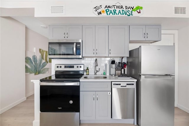 kitchen with stainless steel appliances, light countertops, visible vents, backsplash, and a sink