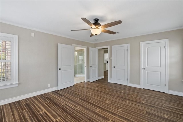 524 Del Mar, Corpus Christi, TX 78404 - unfurnished bedroom featuring baseboards, wood finished floors, crown molding, ensuite bathroom, and ceiling fan