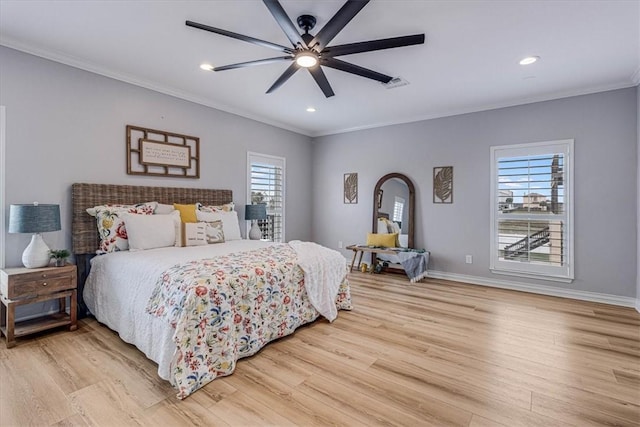 bedroom with crown molding, recessed lighting, visible vents, light wood-style flooring, and baseboards